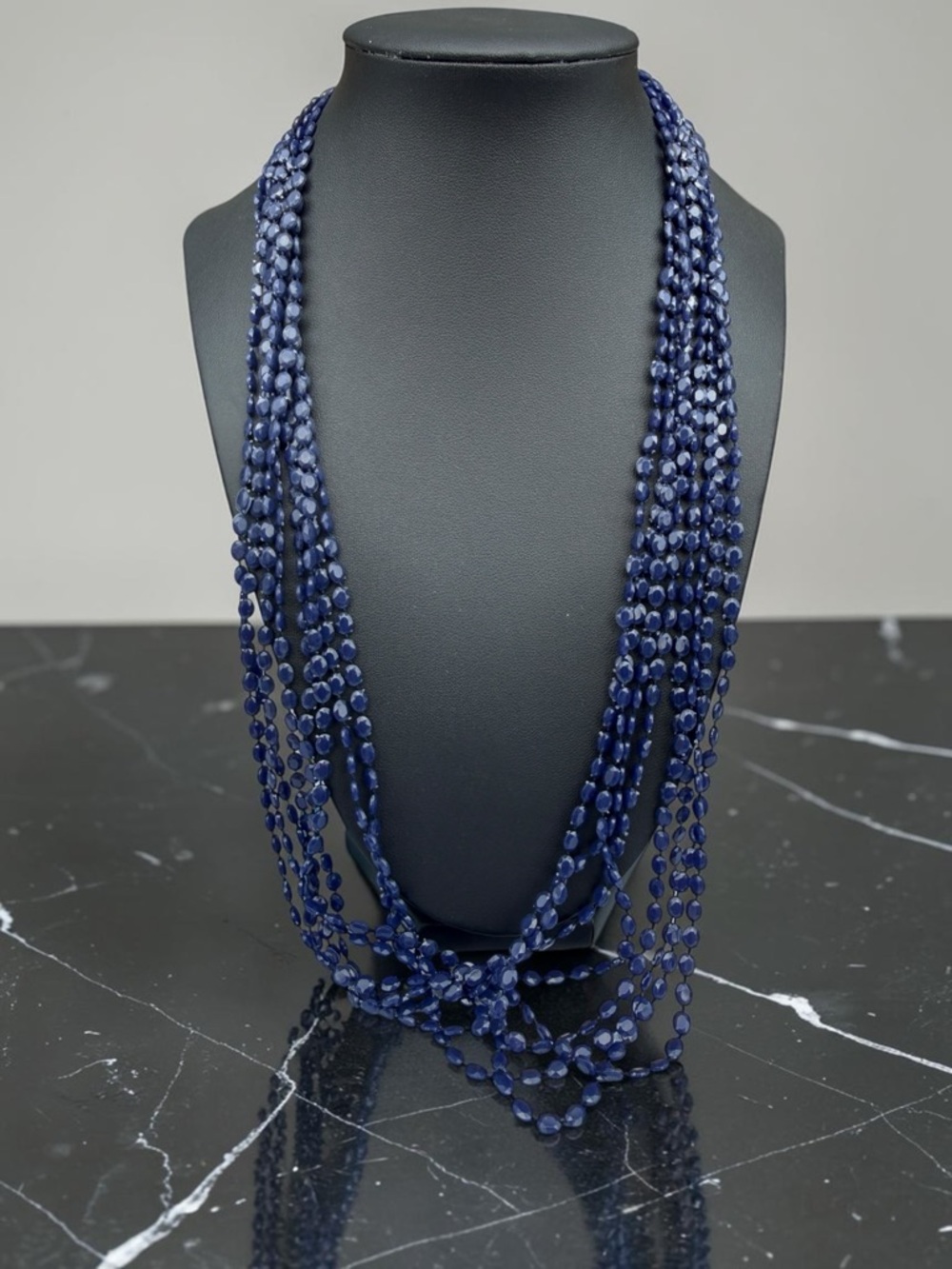 Navy Multi Strand Beaded Necklace Long Layered Boho Statement Jewelry